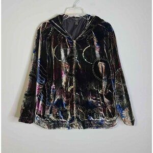 IOS Womens Smooth Velvet Feel Hooded Zip Front Jacket Multicolor Abstract Large